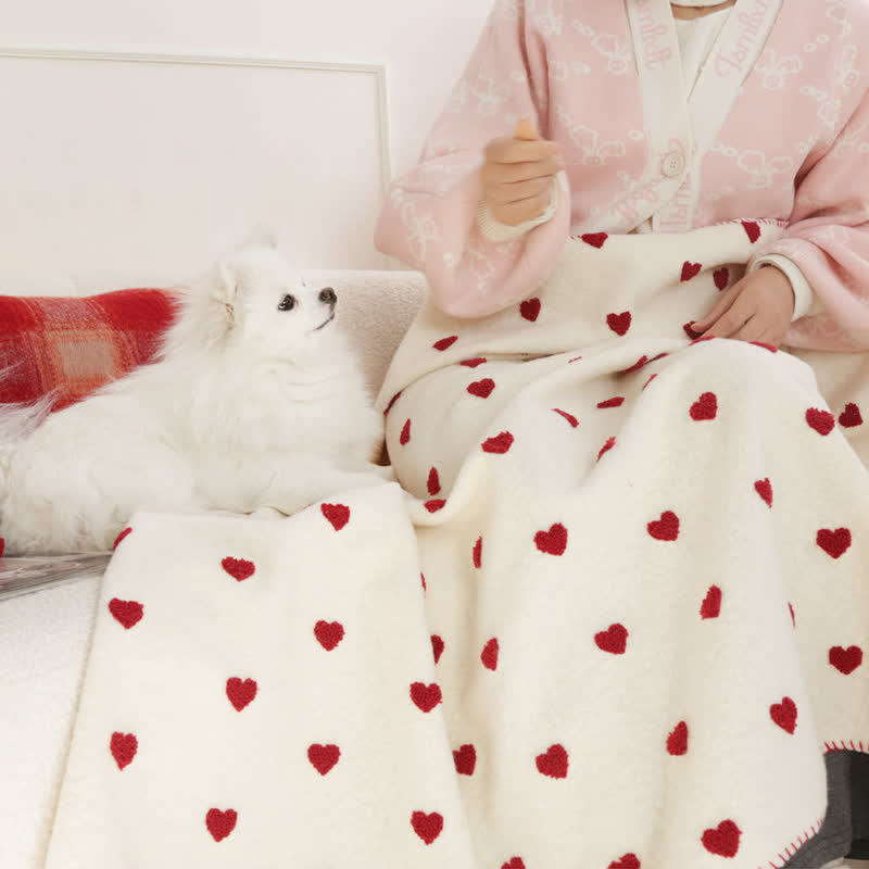Heart Pattern Throw Blanket with Pom-Poms - image 4