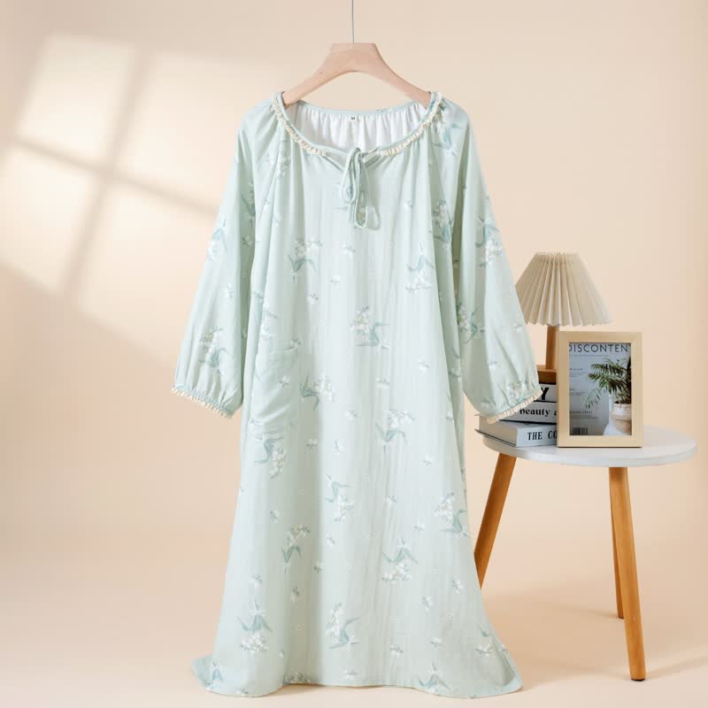 Bellflower Floral Cotton Gauze Nightgown - Green - L - image 2