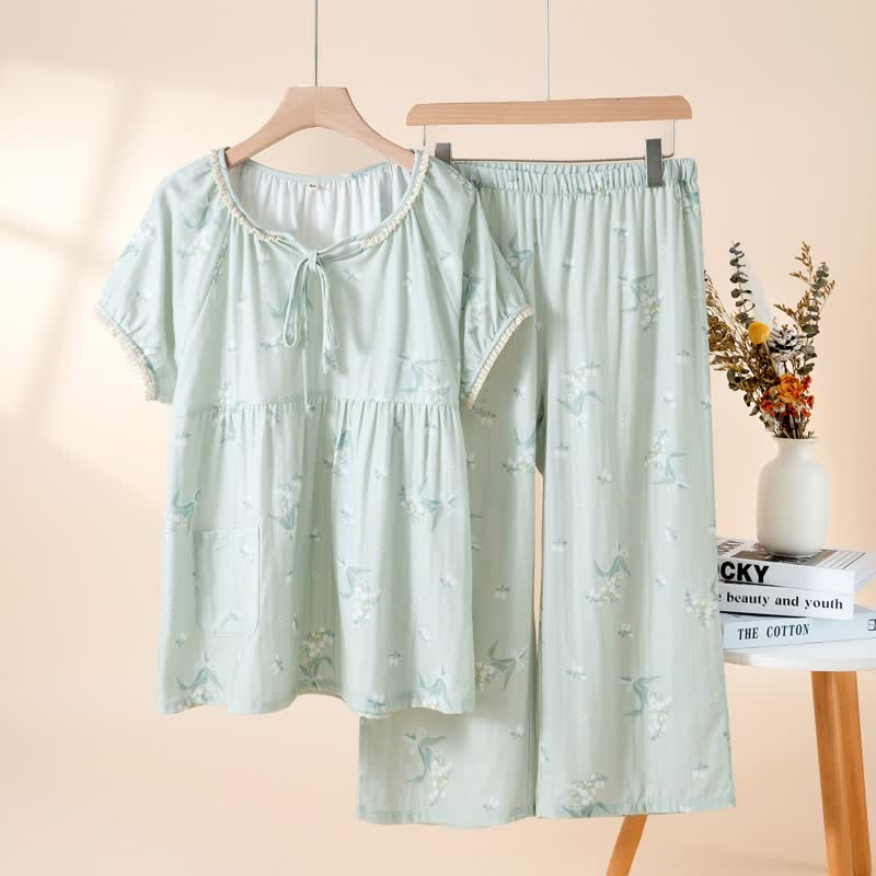 Bellflower Floral Cotton Gauze Pajama Set - Green - XL - image 2