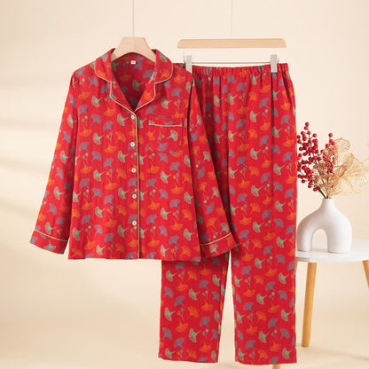 Ginkgo Leaf Cotton Gauze Pajama Set - Red - L - image 0