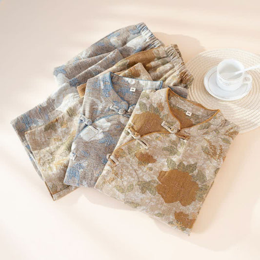 Vintage Floral Mandarin Collar Cotton Pajama Set - image 1
