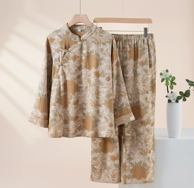 Vintage Floral Mandarin Collar Cotton Pajama Set - Camel - XL - image 2