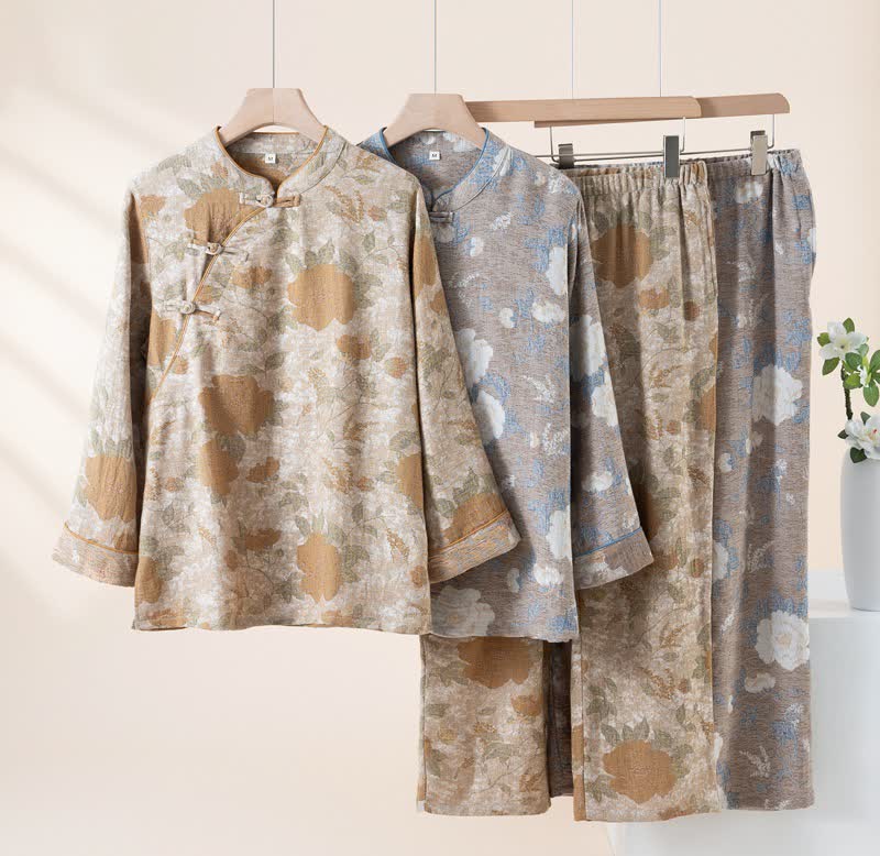 Vintage Floral Mandarin Collar Cotton Pajama Set - image 0