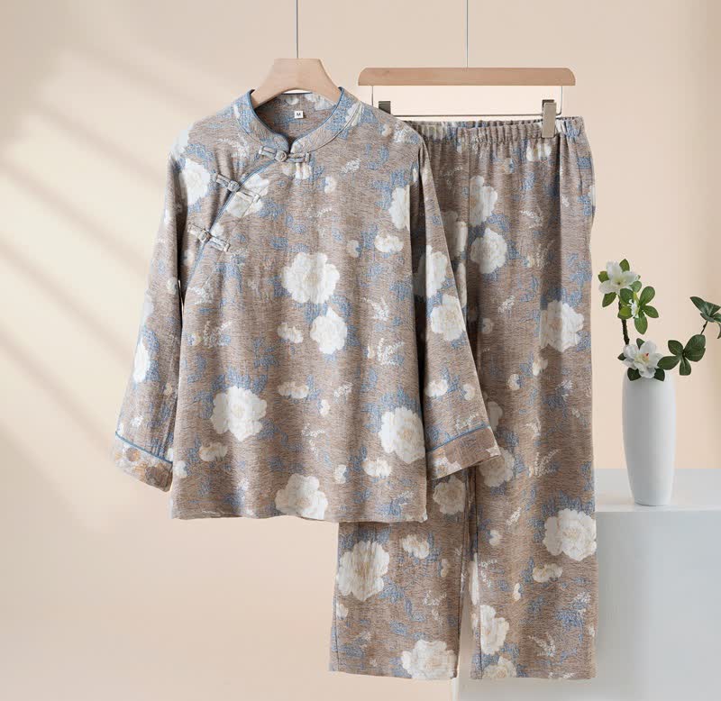 Vintage Floral Mandarin Collar Cotton Pajama Set - Gray - XL - image 11