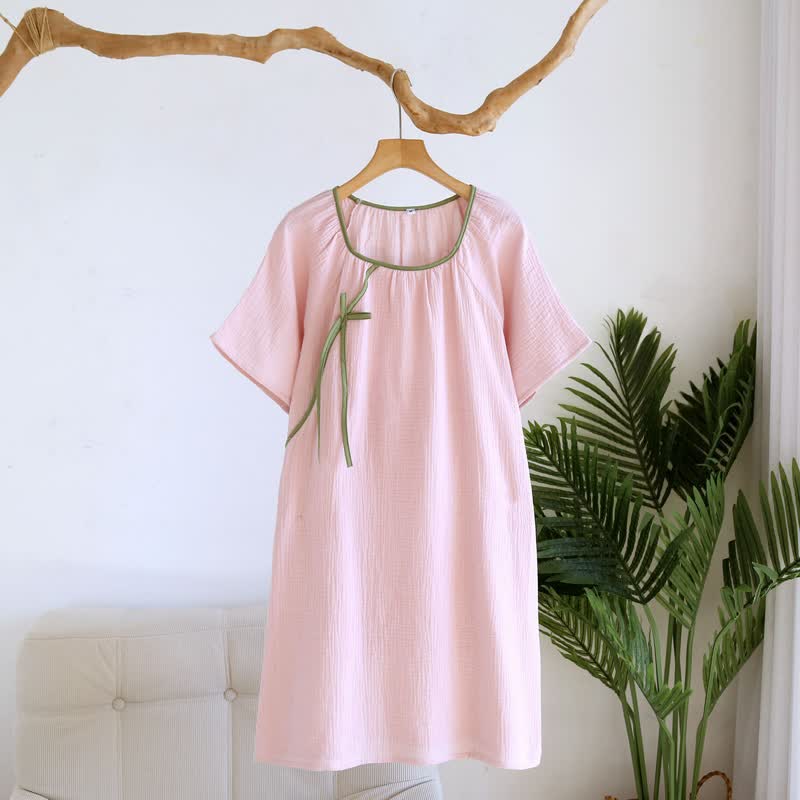 Minimalist Oriental Style Cotton Gauze Nightdress - Pink - XL - image 4