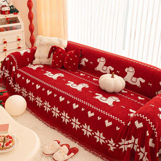 New Year Chenille Sofa Cover with Lucky Horse - 71" x 181" - image 0