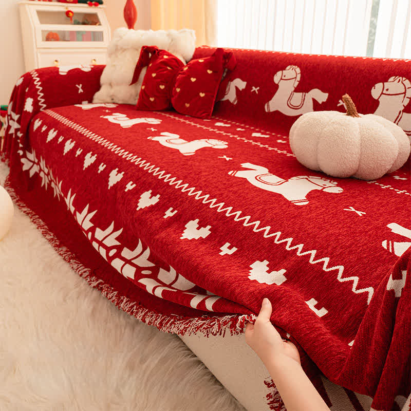 New Year Chenille Sofa Cover with Lucky Horse - image 2