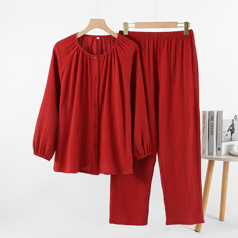 Minimalist Red Couple Cotton Pajama Set - Round Neck - Red - Women:XL - image 2