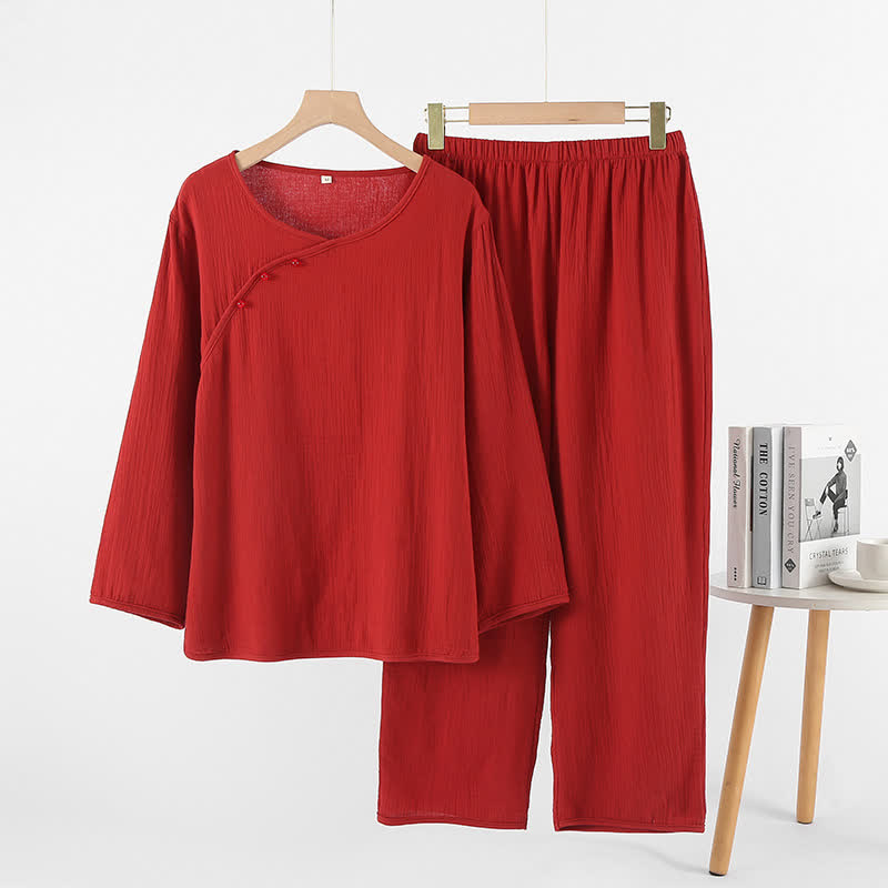 Minimalist Red Couple Cotton Pajama Set - Asymmetrical Neck - Red - Women:XL - image 3