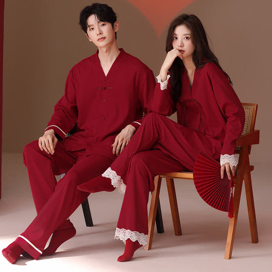 Vintage V-Neck Cotton Couple Pajama Set - image 0