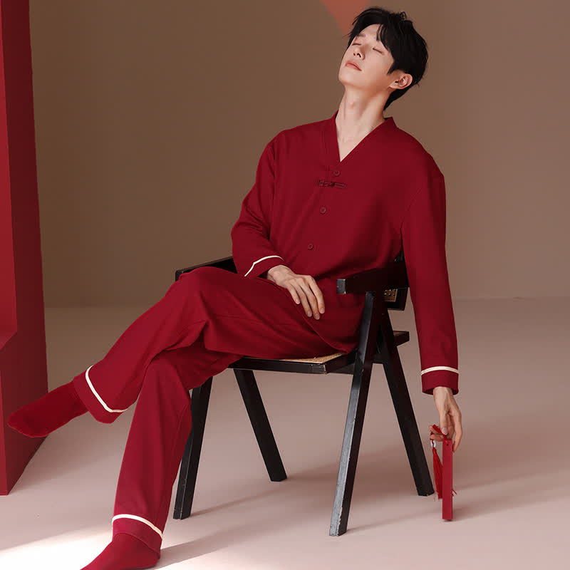 Vintage V-Neck Cotton Couple Pajama Set - Red - Men - 3XL - image 3