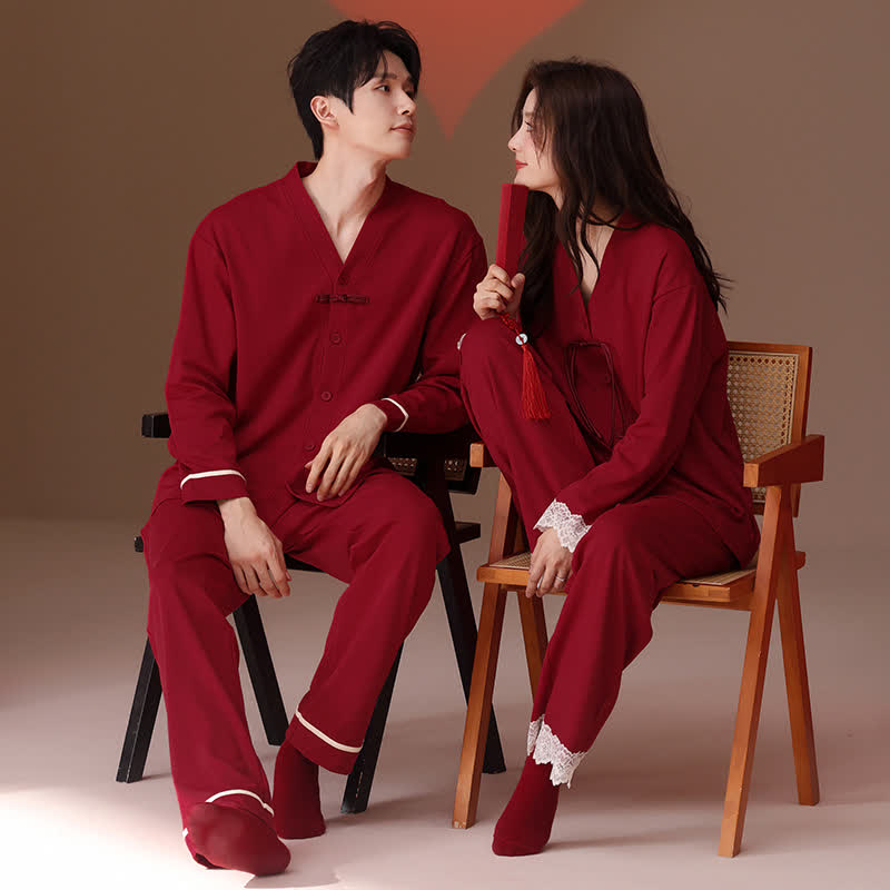 Vintage V-Neck Cotton Couple Pajama Set - image 1