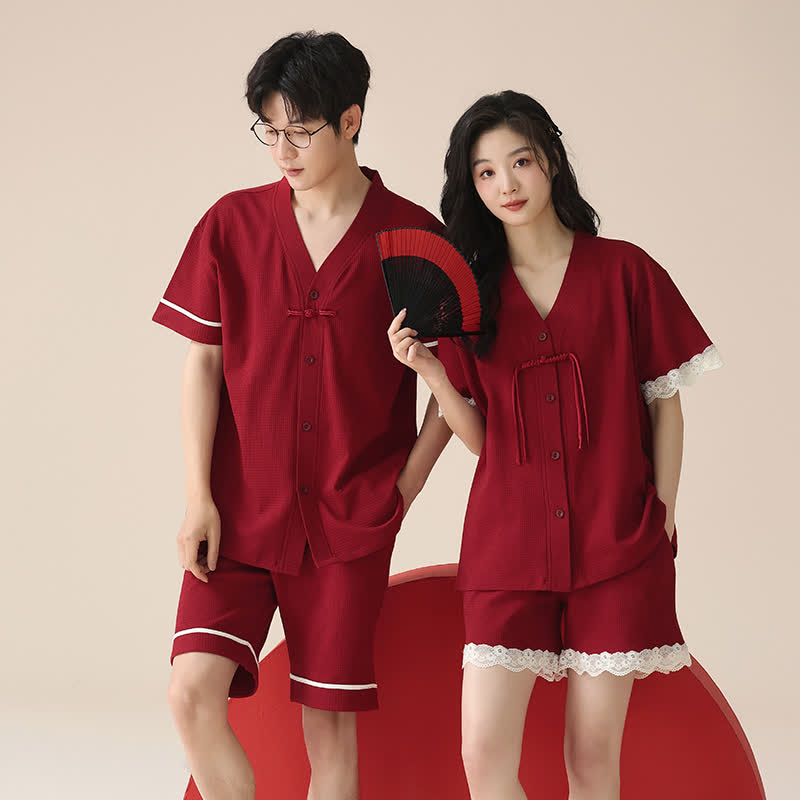 Short Sleeve Couple Cotton Pajama Set - Red - Women - XXL - image 0