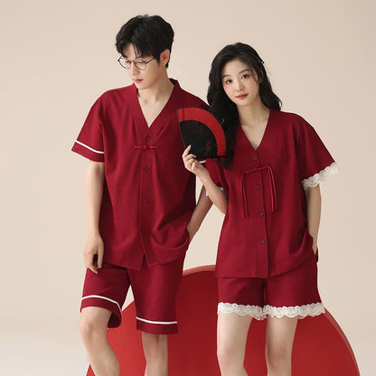 Short Sleeve Couple Cotton Pajama Set - Red - Women - XXL - image 0