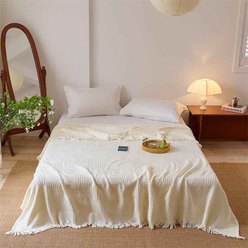 Solid Waffle Weave Cotton Tassel Quilt - Beige - Queen - image 13