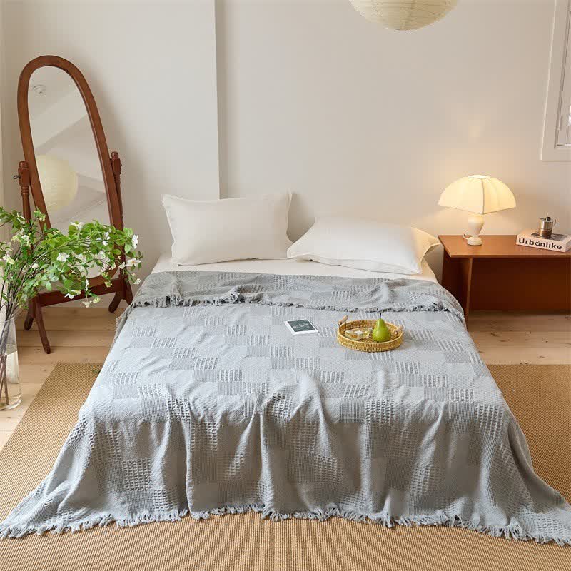 Solid Waffle Weave Cotton Tassel Quilt - Gray - Queen - image 10