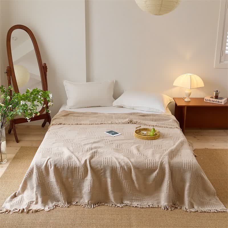 Solid Waffle Weave Cotton Tassel Quilt - Coffee - Queen - image 11