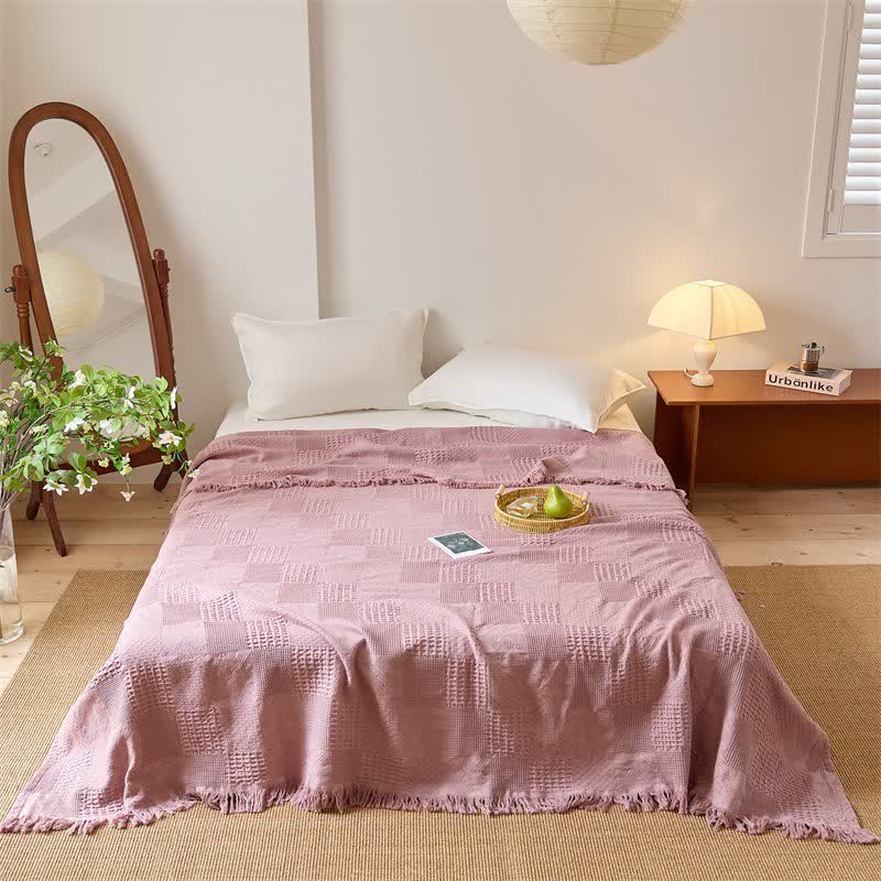 Solid Waffle Weave Cotton Tassel Quilt - Pink - Queen - image 2