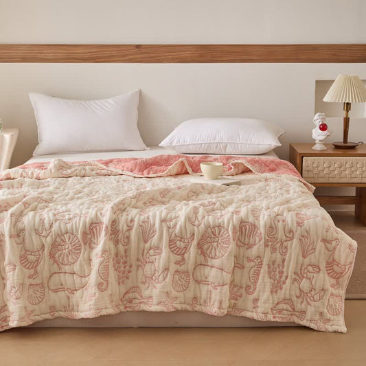 Ocean Life Cotton Gauze Quilt - Pink - Queen - image 0