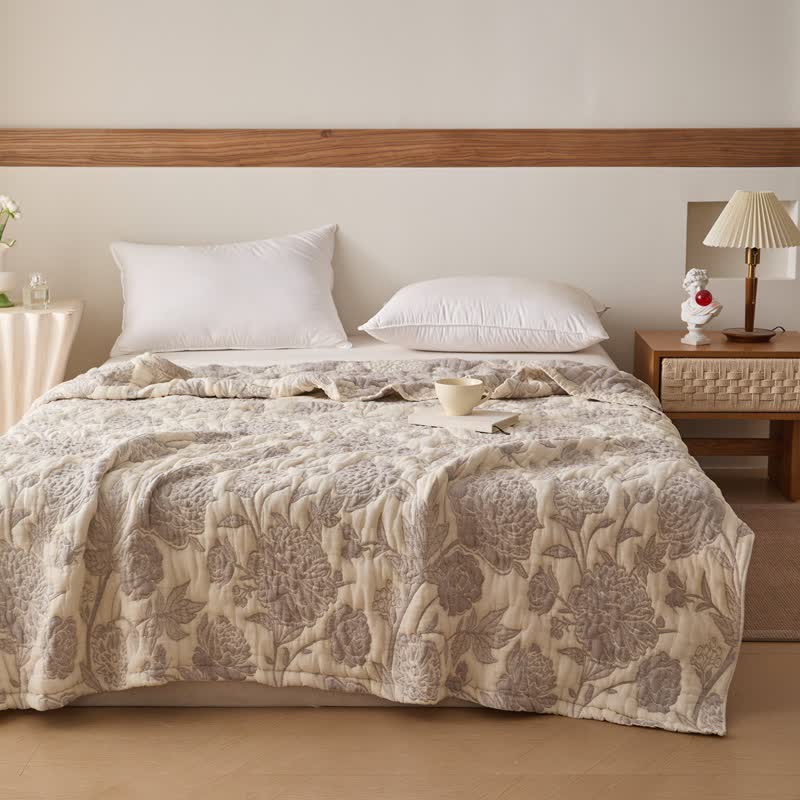 Reversible Peony Floral Cotton Gauze Quilt - Gray - Queen - image 3