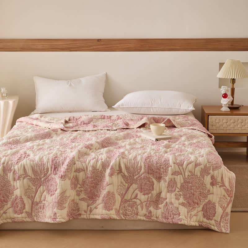 Reversible Peony Floral Cotton Gauze Quilt - Pink - Queen - image 0