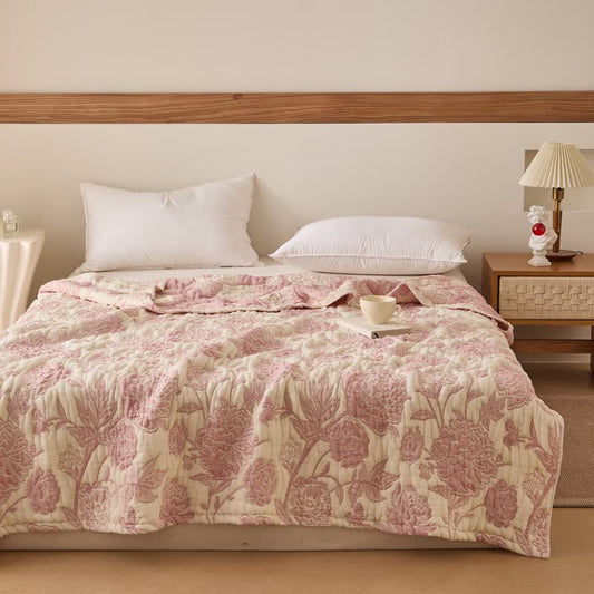Reversible Peony Floral Cotton Gauze Quilt - Pink - Queen - image 0