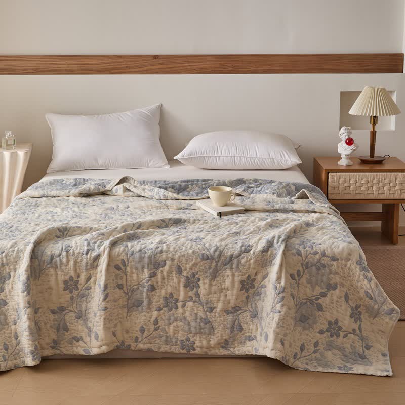 Floral Vine Cotton Gauze Quilt - Blue - Queen - image 5