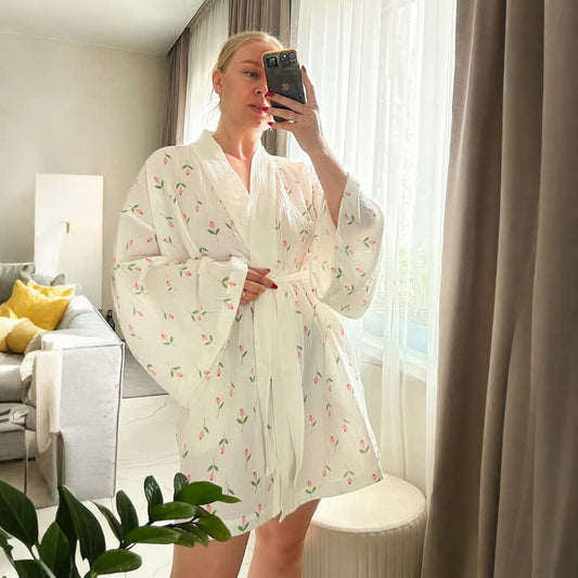 Tulip Pattern Cotton Short Pajama Robe - image 1