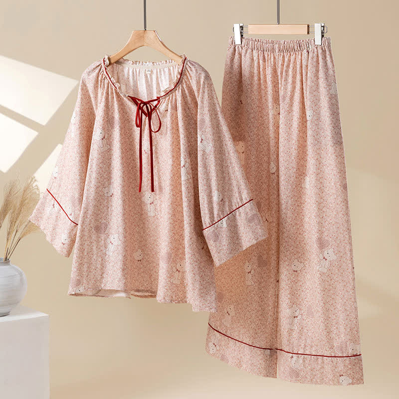 Floral Bear Cotton Ruffled Loungewear Set - Pink - XL - image 0
