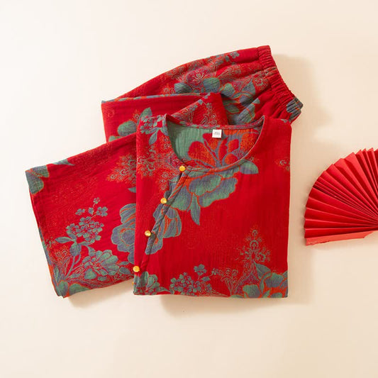 Vintage Oriental Peony Cotton Pajama Set - image 1