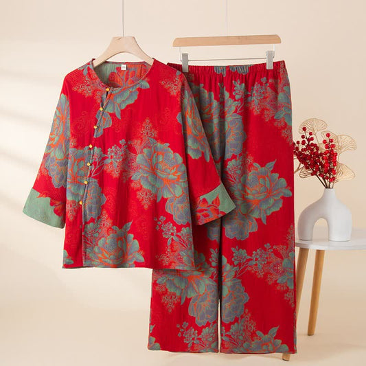 Vintage Oriental Peony Cotton Pajama Set - Red - XL - image 0