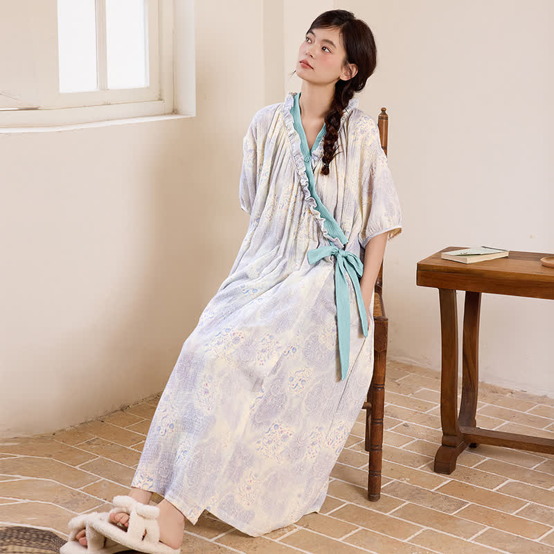 Artistic Vintage Ruffled Collar Side-Tie Nightgown - image 1