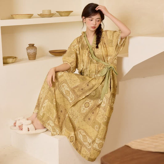 Ethnic Style Ruffled Collar Side-Tie Nightgown - image 1