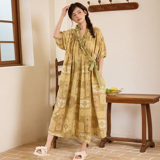 Ethnic Style Ruffled Collar Side-Tie Nightgown - Dark Yellow - XXL - image 0