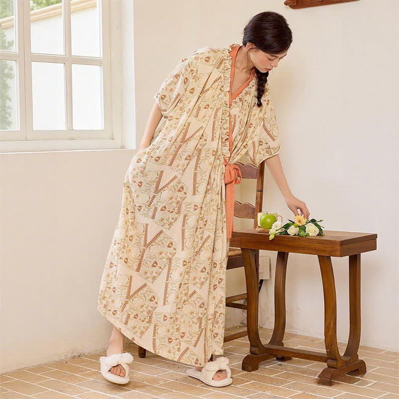 Vintage Pattern Ruffled Collar Side-Tie Nightgown - image 7