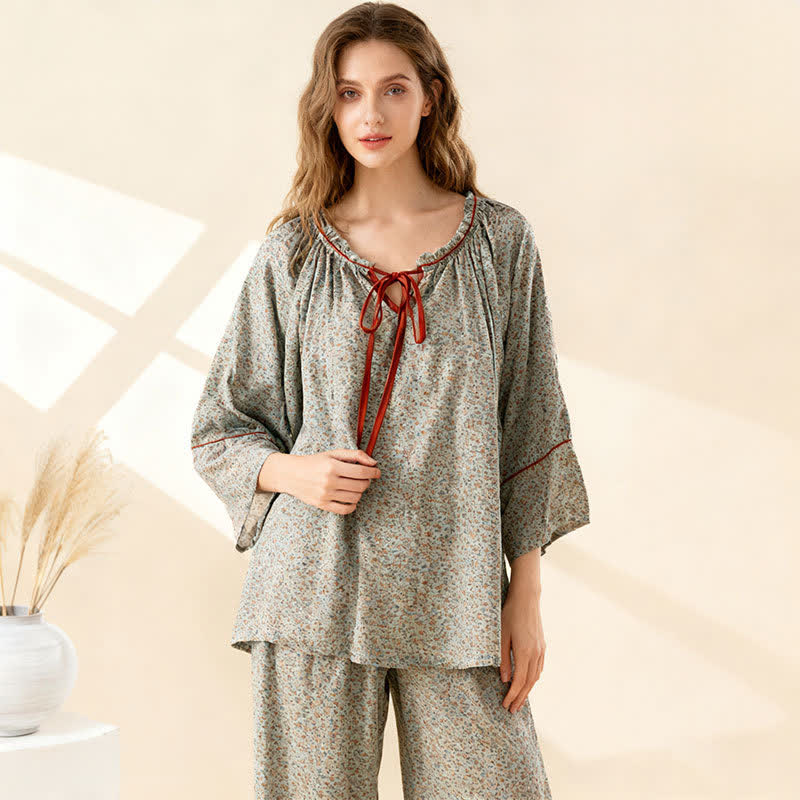 Green Floral Cotton Ruffled Loungewear Set - image 2