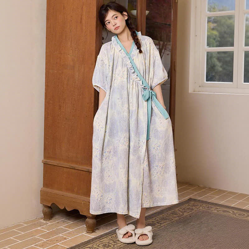 Artistic Vintage Ruffled Collar Side-Tie Nightgown - image 3