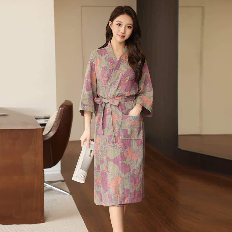 Floral Cotton Double Gauze Kimono Robe - Purple - XL - image 4