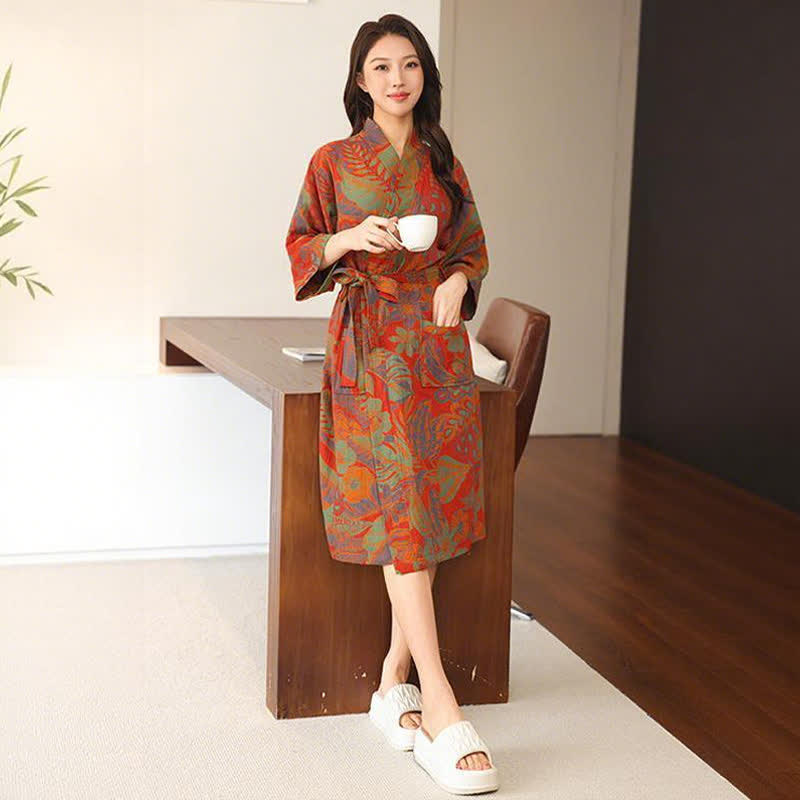 Floral Leaf Cotton Double Gauze Kimono Robe - image 2