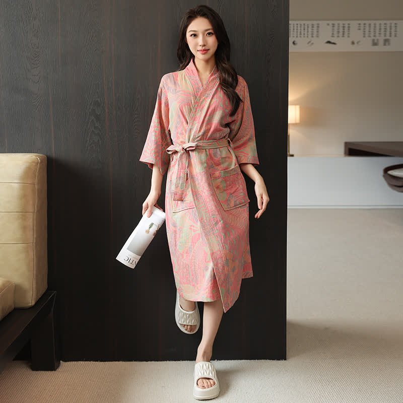 Floral Leaf Cotton Double Gauze Kimono Robe - image 6