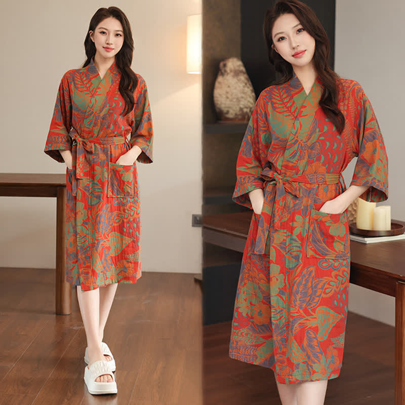 Floral Leaf Cotton Double Gauze Kimono Robe - image 1