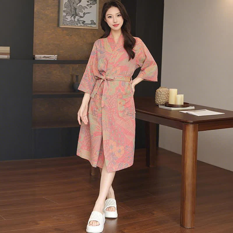 Floral Leaf Cotton Double Gauze Kimono Robe - Pink - XL - image 3