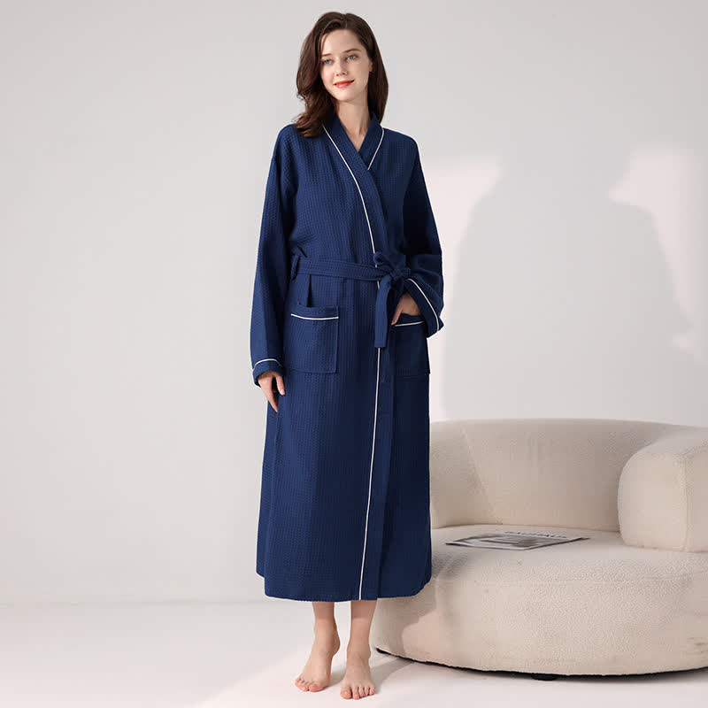 Minimalist Cotton Waffle Texture Bath Robe - Dark Blue - XL - image 5