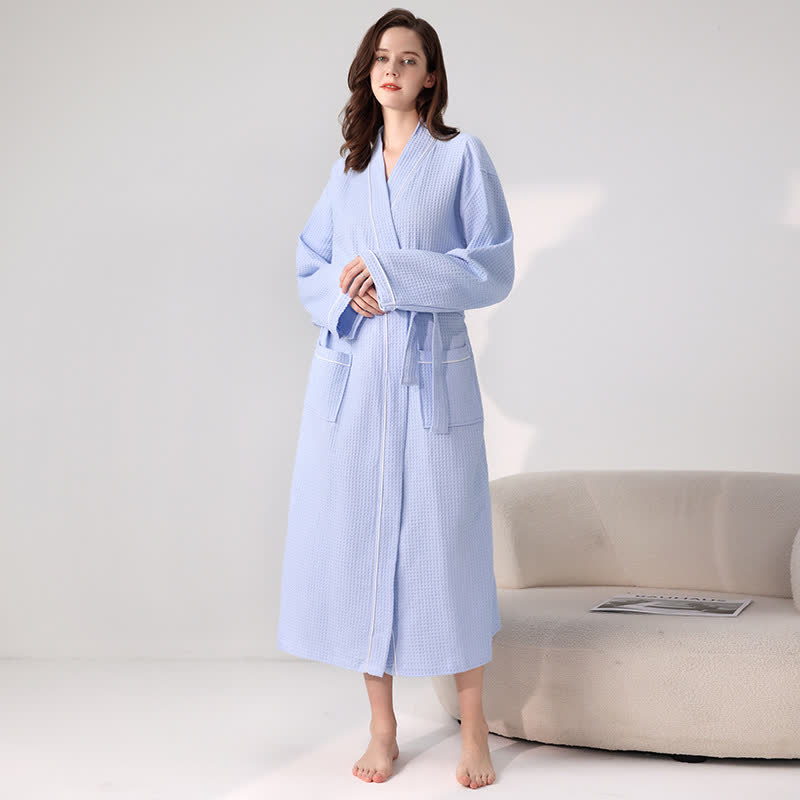 Minimalist Cotton Waffle Texture Bath Robe - Light Blue - XL - image 10