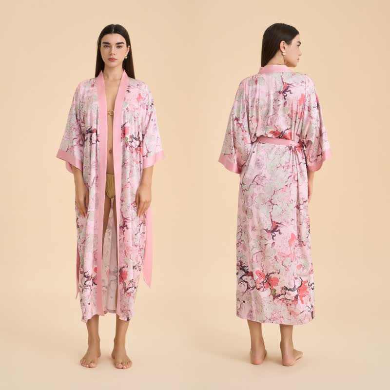 Oriental Pink Floral Kimono Style Bathrobe - image 1