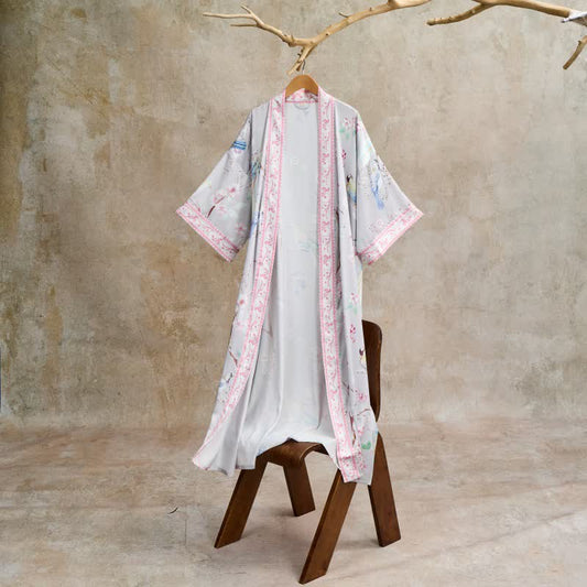Paradise Florals Peach Blossom & Bird Kimono Style Bathrobe - Gray - One Size - image 1