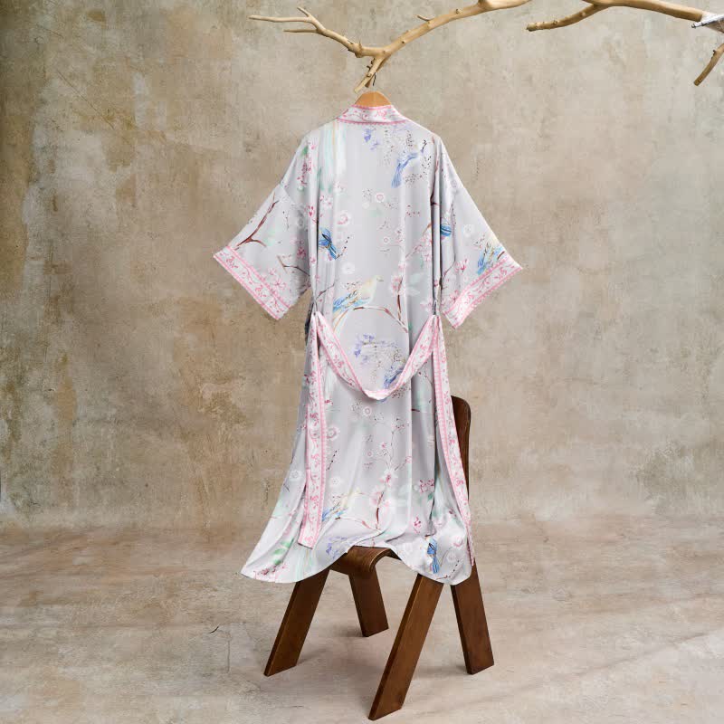 Paradise Florals Peach Blossom & Bird Kimono Style Bathrobe - image 3
