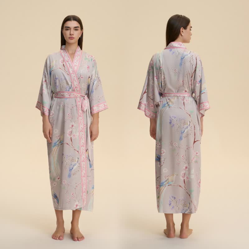 Paradise Florals Peach Blossom & Bird Kimono Style Bathrobe - image 2