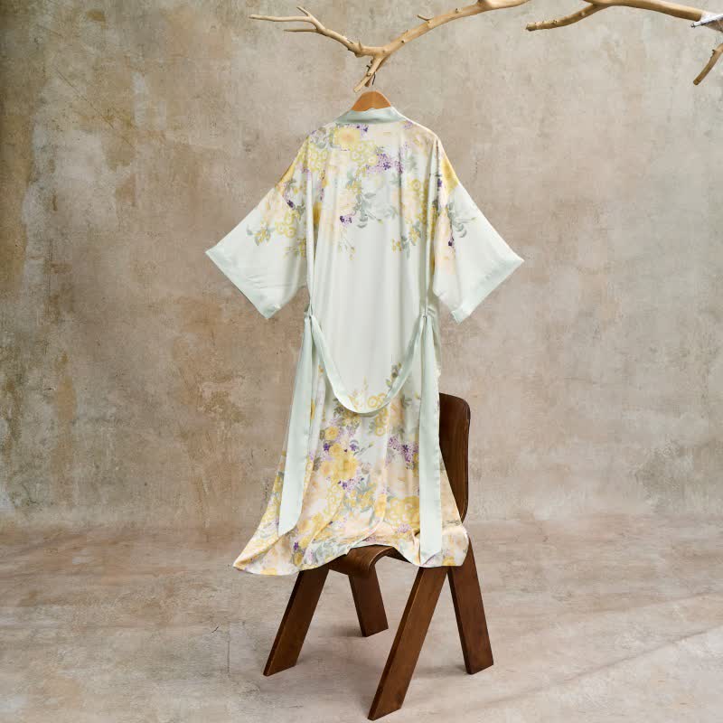 Oriental Yellow Floral Kimono Style Bathrobe - image 4