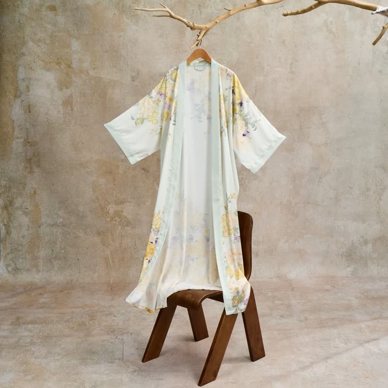 Oriental Yellow Floral Kimono Style Bathrobe - image 2